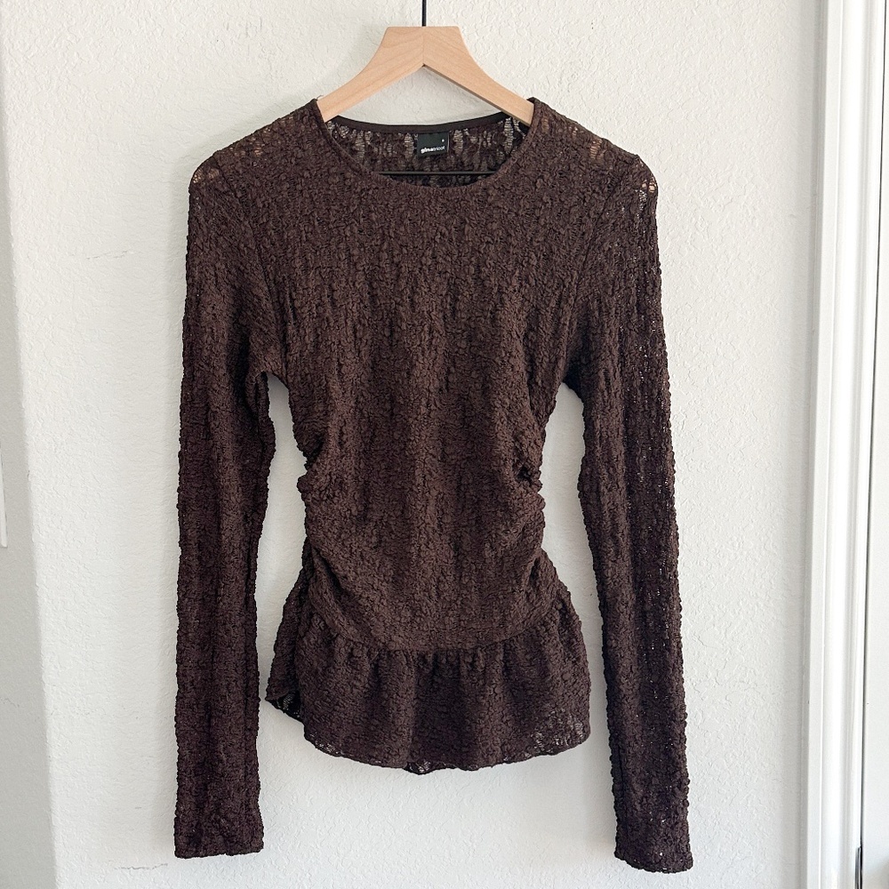 Gina Tricot Dark Brown Long-Sleeve Textured Peplum Top S